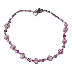 Murano Glass Bead Necklace Pink Flower Clear Pearlescent Beaded Toggle Clasp Vtg